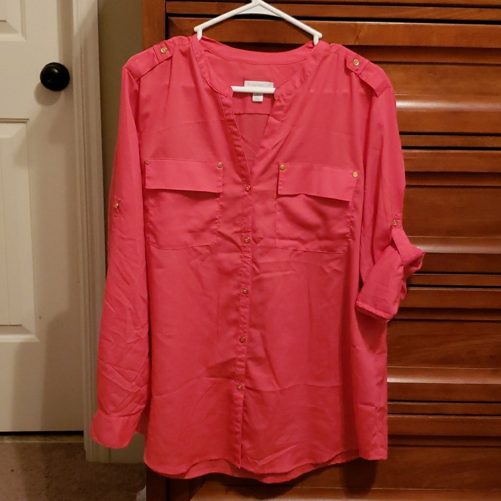 Coral button up polyester top